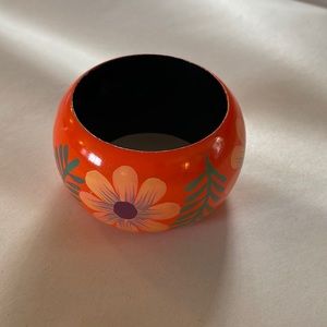 Gorgeous Vintage Wide Wooden Painted Floral Bangle Bracelet